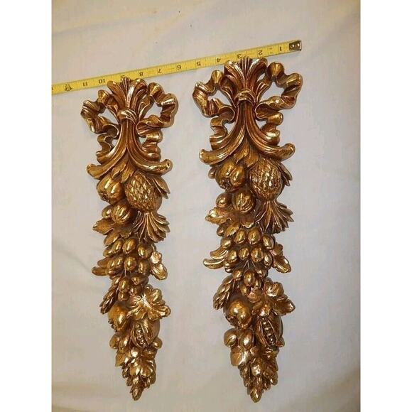 Syroco MCM Hollywood Regency Gold Gilt Fruit Vertical Garland Wall Decor S2 Wood - Picture 4 of 6
